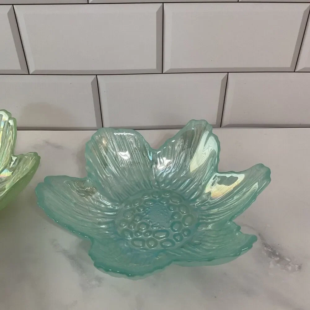 Akcam Iridescent Frosted Flower Shape Art Glass Bowl Handmade In Turkey Set of 2